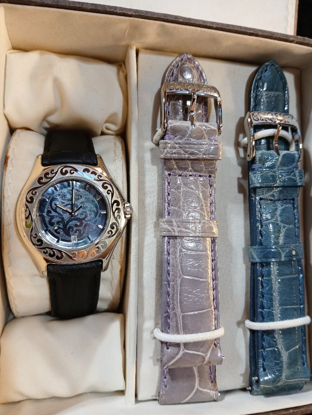 Lois Hill Silver Watch with Blue Face, Date, 2 Extra Leather Bands (Never Worn)